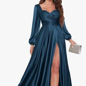 Floor length Peacock color satin dress w/slit